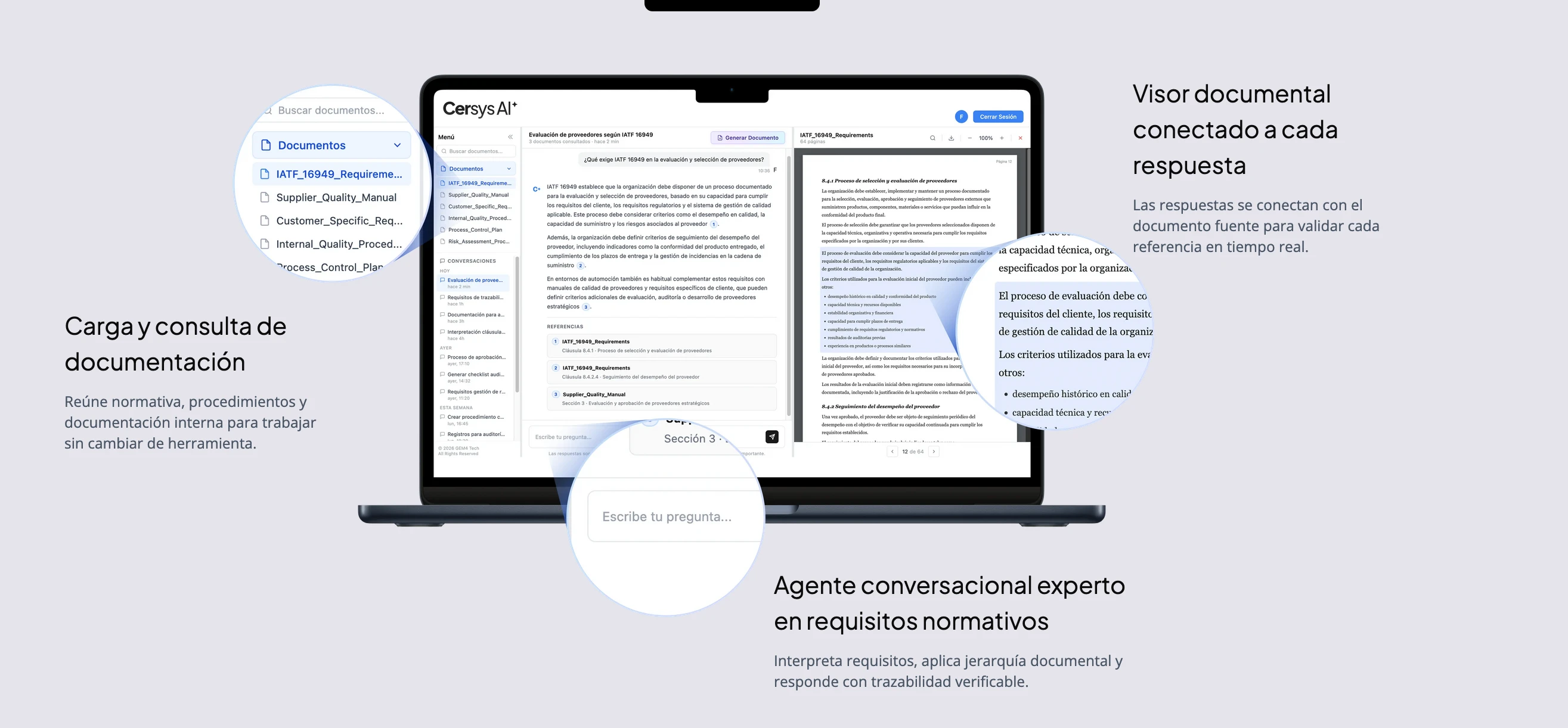 Interfaz de Cersys AI: carga y consulta de documentación, agente conversacional experto en requisitos normativos y visor documental conectado a cada respuesta.